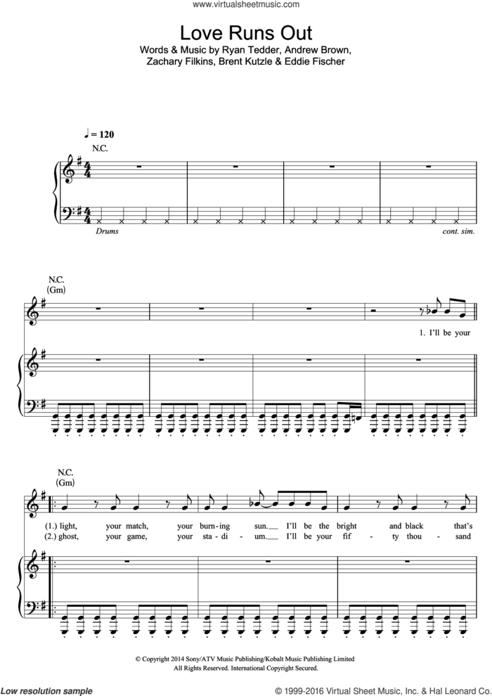 Love Runs Out sheet music for voice, piano or guitar by OneRepublic, Andrew Brown, Brent Kutzle, Eddie Fischer, Ryan Tedder and Zack Filkins, intermediate skill level