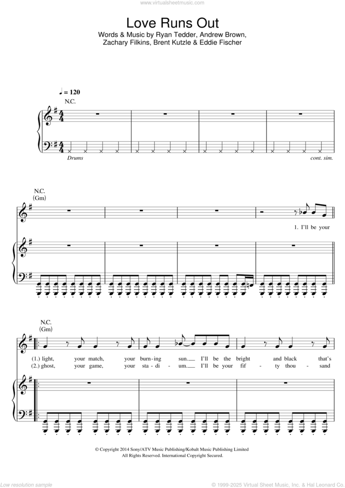 Love Runs Out sheet music for voice, piano or guitar by OneRepublic, Andrew Brown, Brent Kutzle, Eddie Fischer, Ryan Tedder and Zack Filkins, intermediate skill level