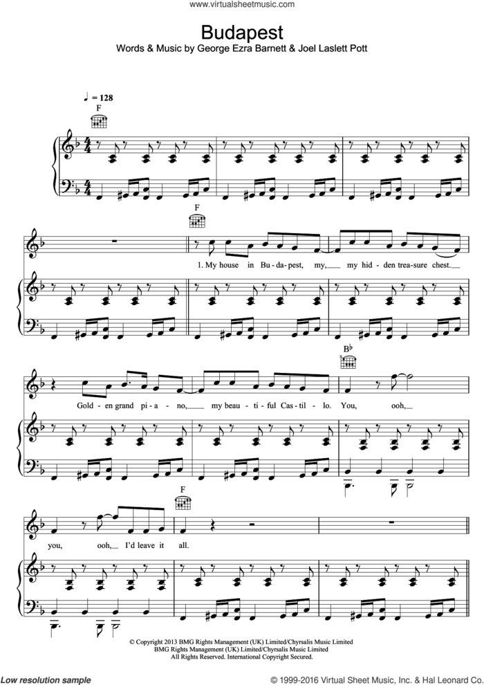 Budapest sheet music for voice, piano or guitar by George Ezra, George Ezra Barnett and Joel Laslett Pott, intermediate skill level