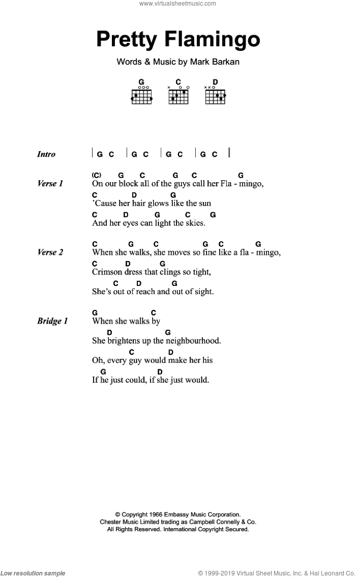 Pretty Flamingo sheet music for guitar (chords) by Manfred Mann and Mark Barkan, intermediate skill level