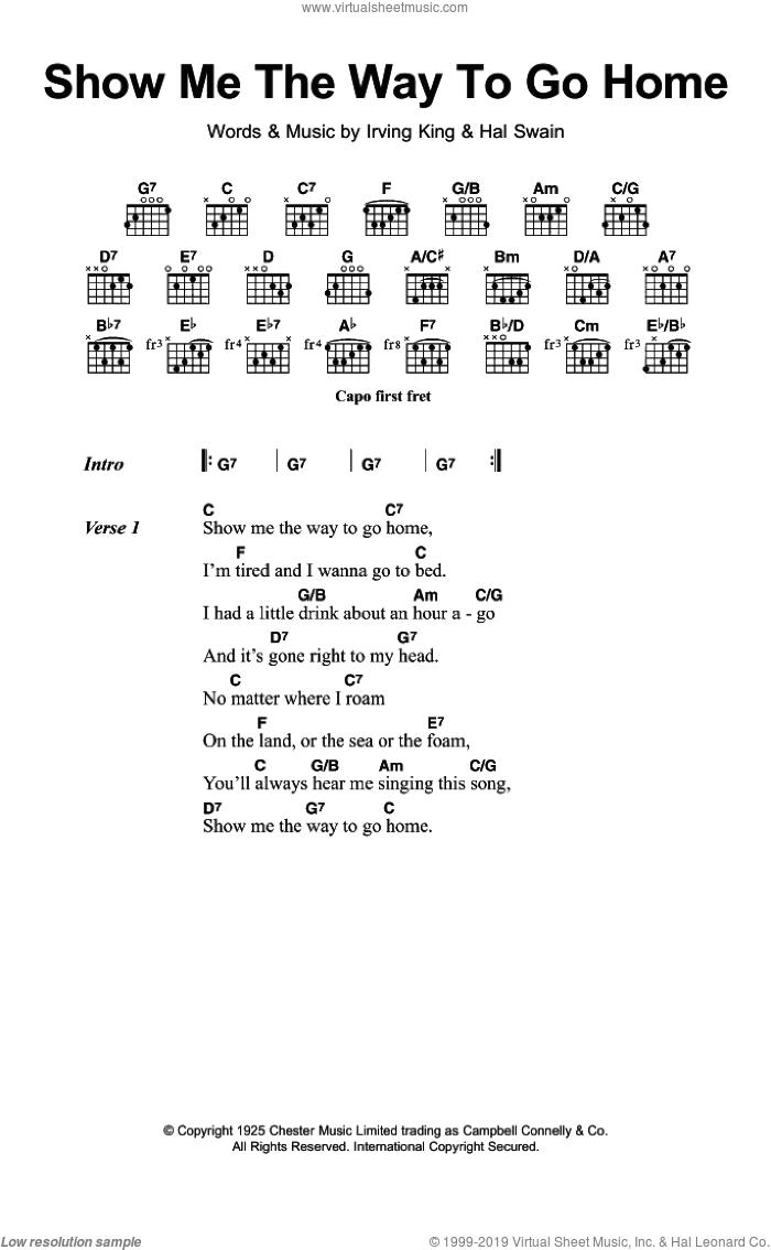 Show Me The Way To Go Home sheet music for guitar (chords) by Irving King and Hal Swain, intermediate skill level