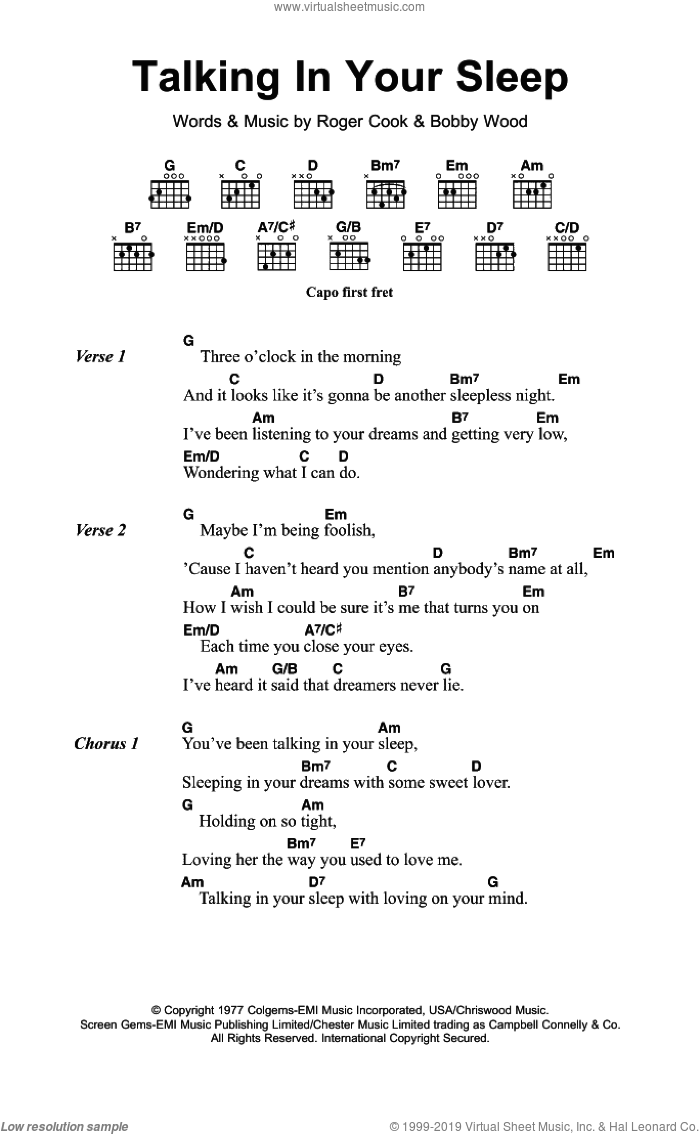 Talking In Your Sleep sheet music for guitar (chords) by Crystal Gayle, Reba McEntire, Bobby Wood and Roger Cook, intermediate skill level