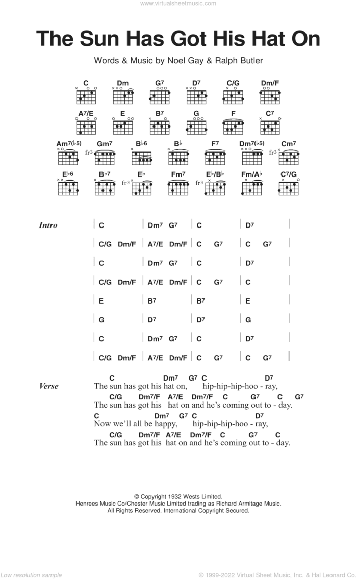 The Sun Has Got His Hat On sheet music for guitar (chords) by Noel Gay and Ralph Butler, classical score, intermediate skill level