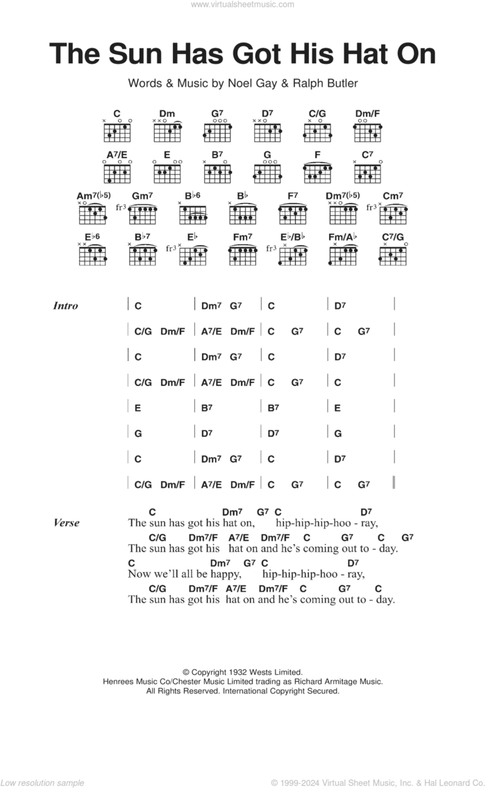 The Sun Has Got His Hat On sheet music for guitar (chords) by Noel Gay and Ralph Butler, classical score, intermediate skill level