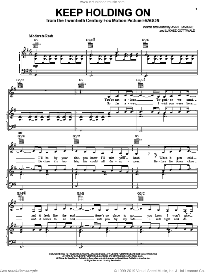 Keep Holding On sheet music for voice, piano or guitar by Avril Lavigne, Eragon (Movie), Miscellaneous and Lukasz Gottwald, intermediate skill level