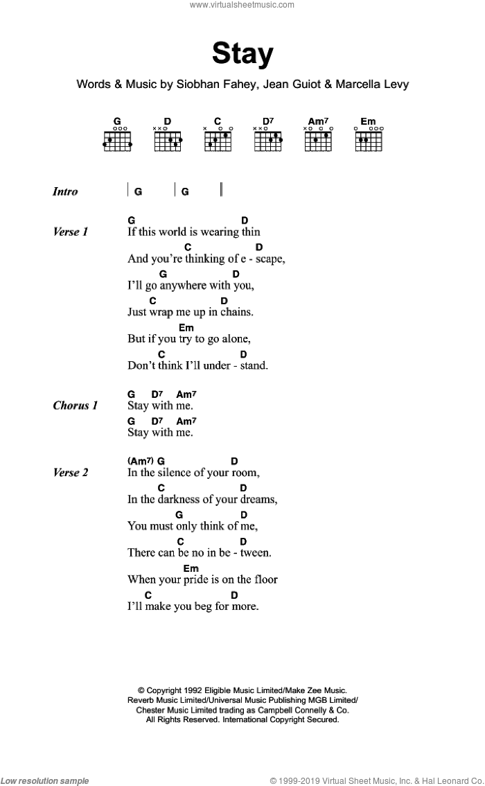 Stay sheet music for guitar (chords) by Shakespear's Sister, Jean Guiot, Marcella Levy and Siobhan Fahey, intermediate skill level
