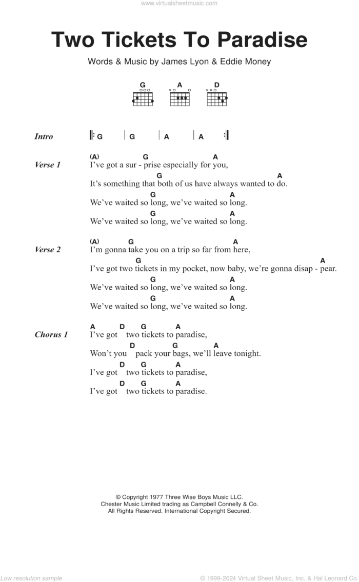 Two Tickets To Paradise sheet music for guitar (chords) by Eddie Money and James Lyon, intermediate skill level