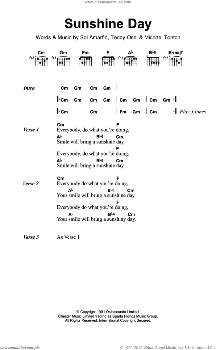 Sunshine Day sheet music for guitar (chords) by Osibisa, Michael Tontoh, Sol Amarfio and Teddy Osei, intermediate skill level