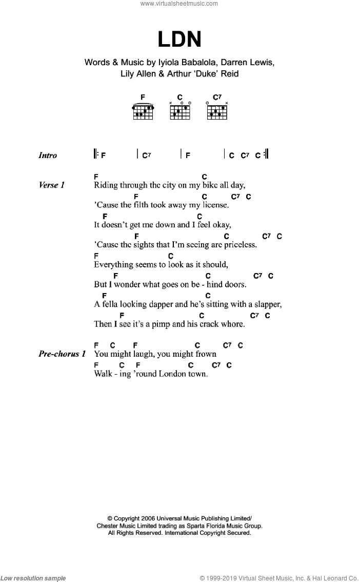 LDN sheet music for guitar (chords) by Lily Allen, Darren Lewis and Iyiola Babalola, intermediate skill level