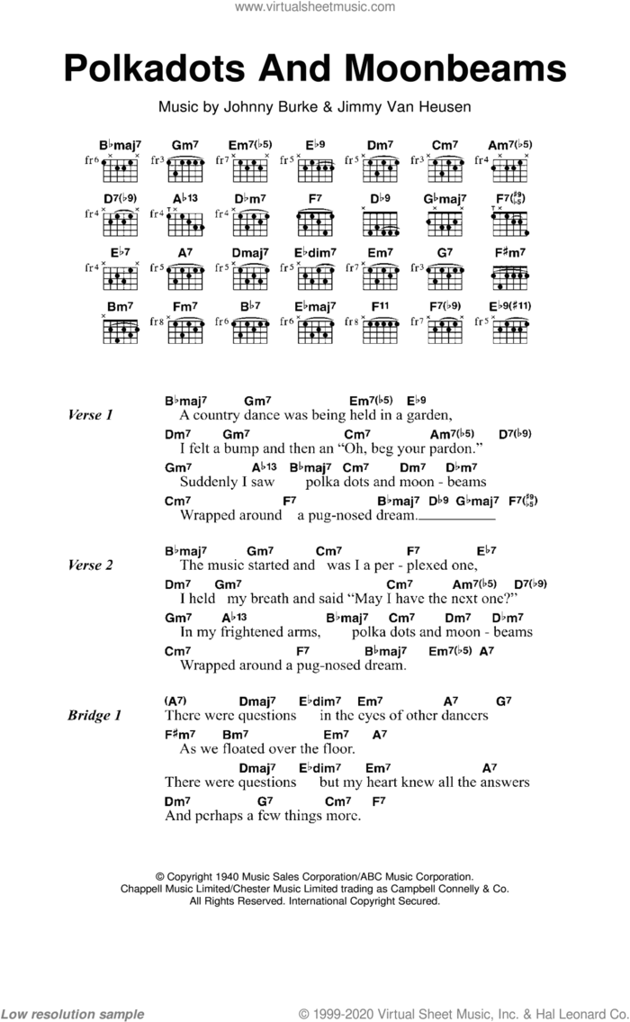 Polka Dots And Moonbeams sheet music for guitar (chords) by Jimmy Van Heusen and John Burke, intermediate skill level
