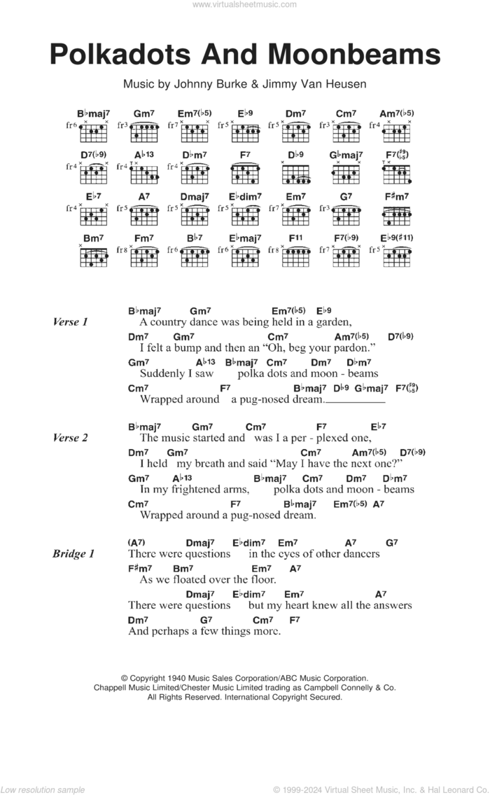 Polka Dots And Moonbeams sheet music for guitar (chords) by Jimmy Van Heusen and John Burke, intermediate skill level