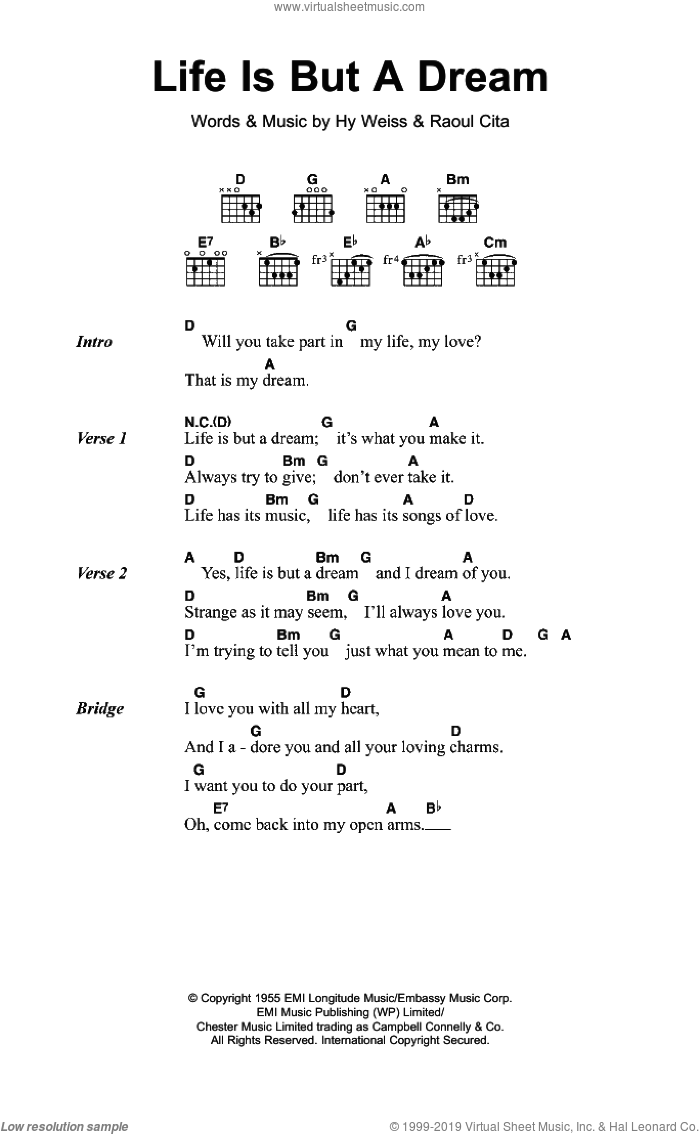 Life Is But A Dream sheet music for guitar (chords) by The Earls, Hy Weiss and Raoul Cita, intermediate skill level