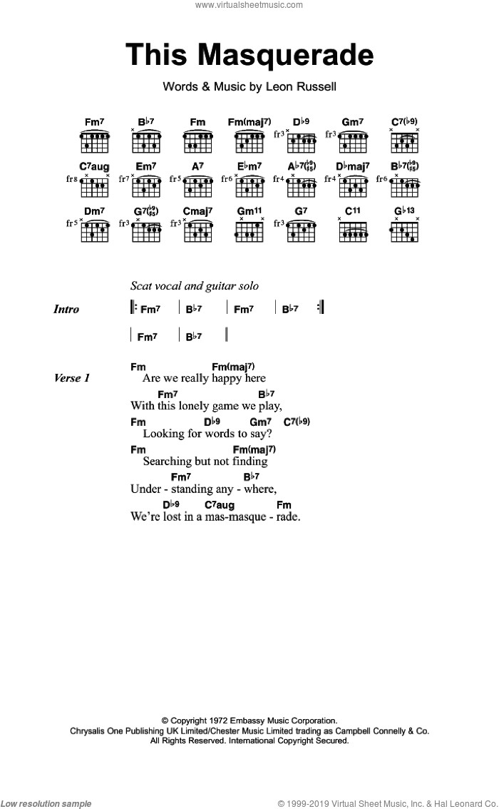 This Masquerade sheet music for guitar (chords) by George Benson and Leon Russell, intermediate skill level