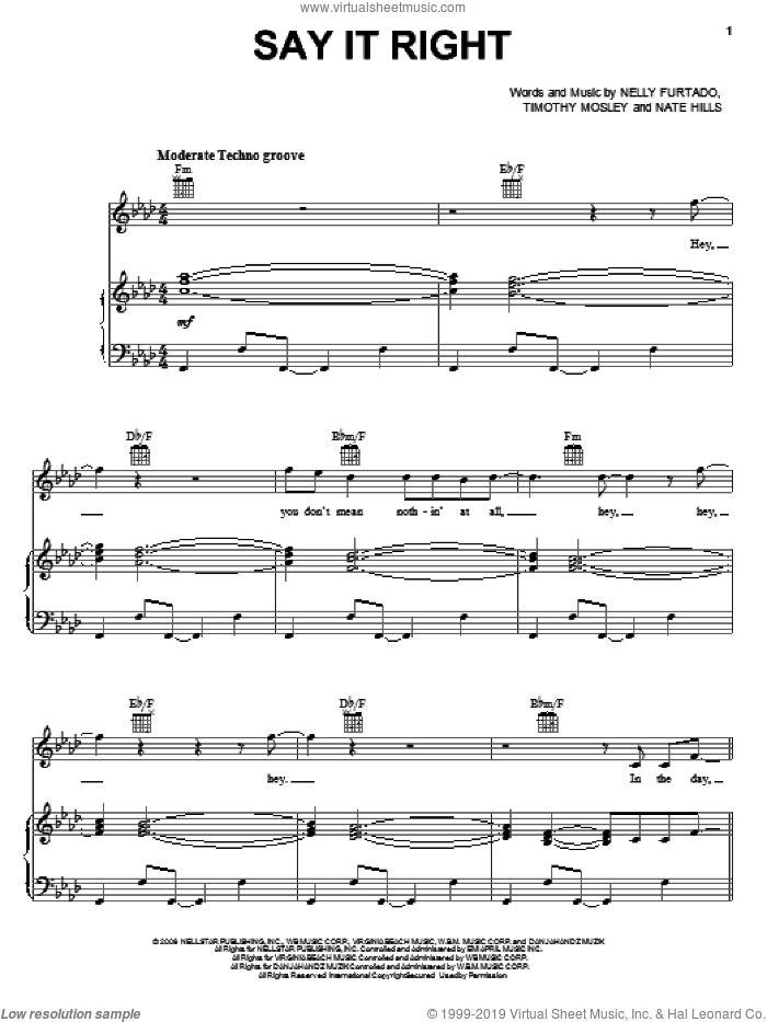 Say It Right sheet music for voice, piano or guitar by Nelly Furtado, Nate Hills and Tim Mosley, intermediate skill level