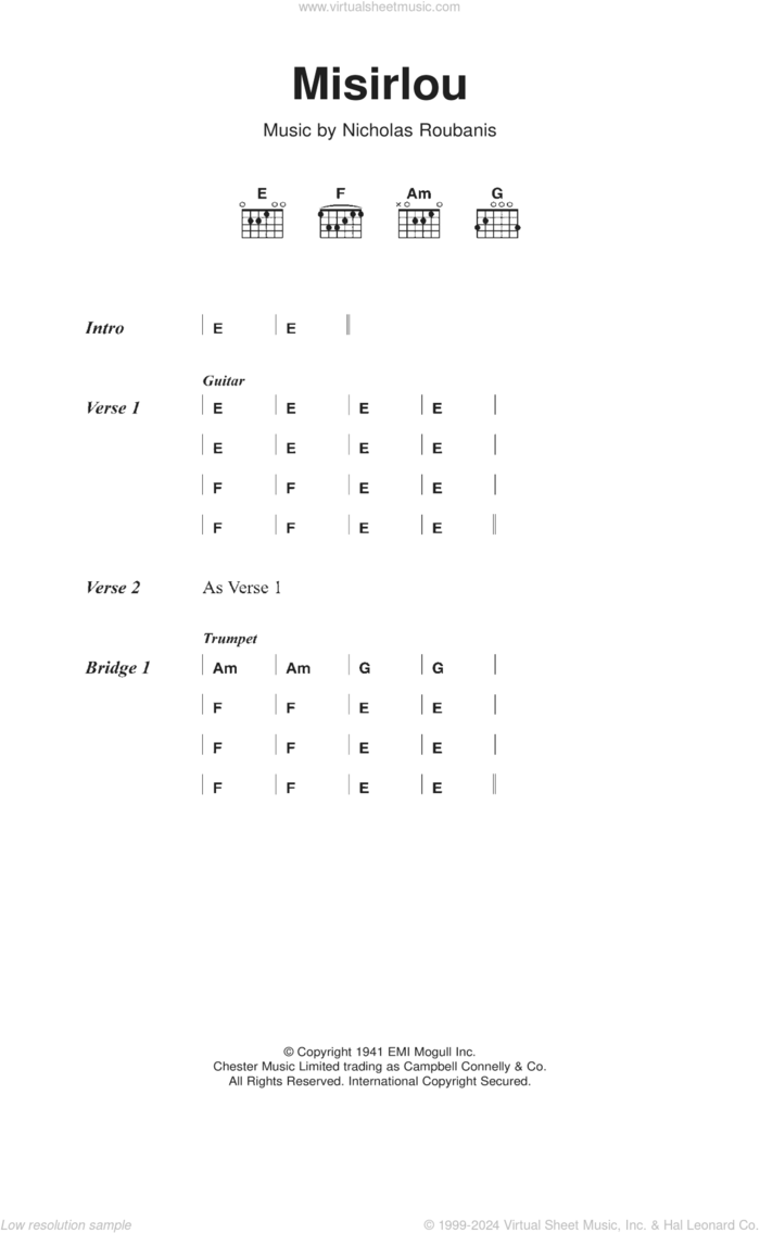 Misirlou sheet music for guitar (chords) by Dick Dale, Nicholas Roubanis, Bob Russell, Fred Wise and Milton Leeds, intermediate skill level