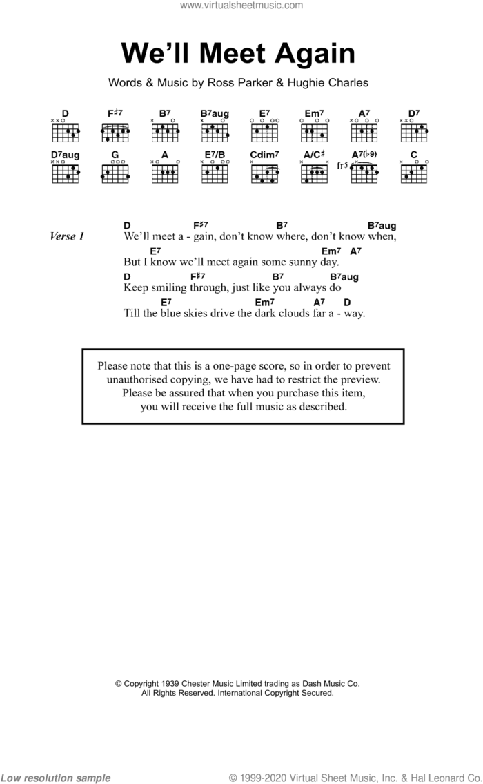 We'll Meet Again sheet music for guitar (chords) by Vera Lynn, Katherine Jenkins, Hughie Charles and Ross Parker, intermediate skill level