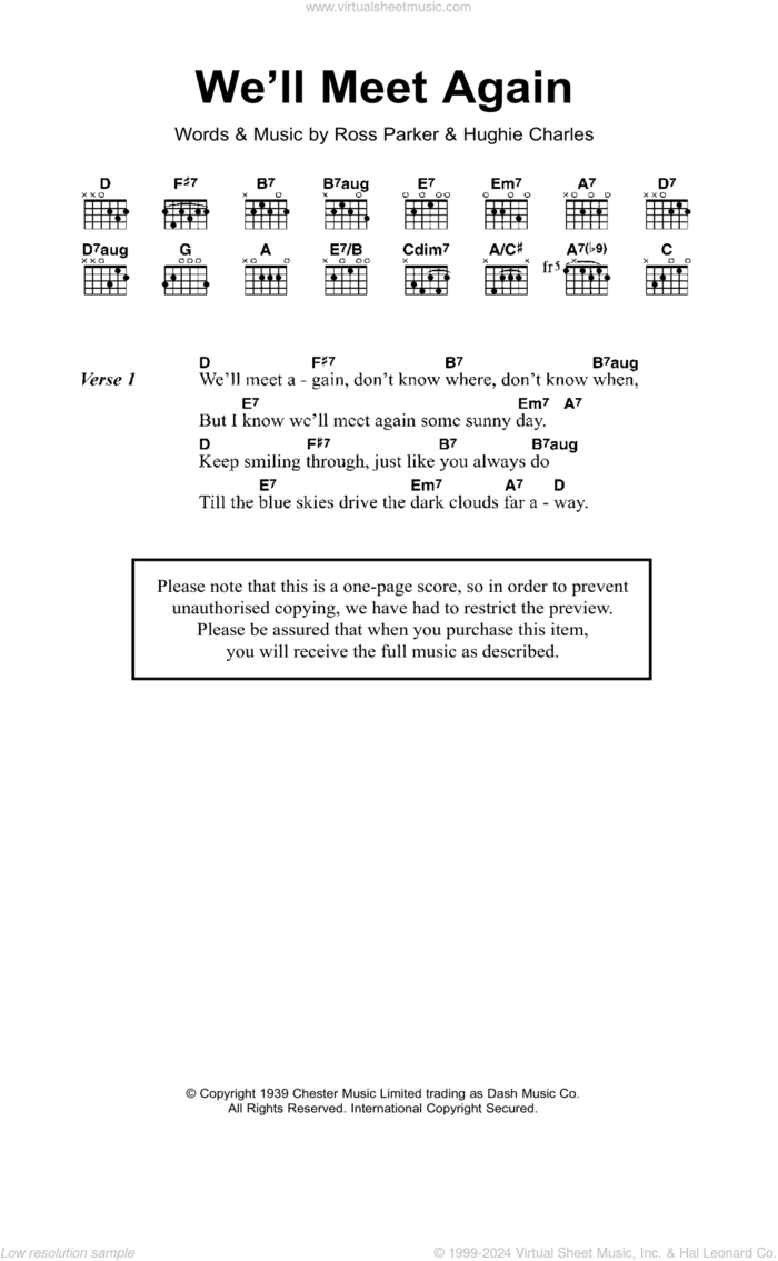 We'll Meet Again sheet music for guitar (chords) by Vera Lynn, Katherine Jenkins, Hughie Charles and Ross Parker, intermediate skill level