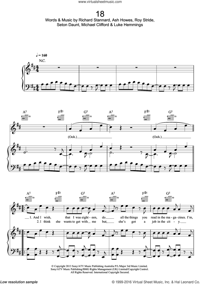 18 sheet music for voice, piano or guitar by 5 Seconds of Summer, Ash Howes, Luke Hemmings, Michael Clifford, Richard Stannard, Roy Stride and Seton Daunt, intermediate skill level