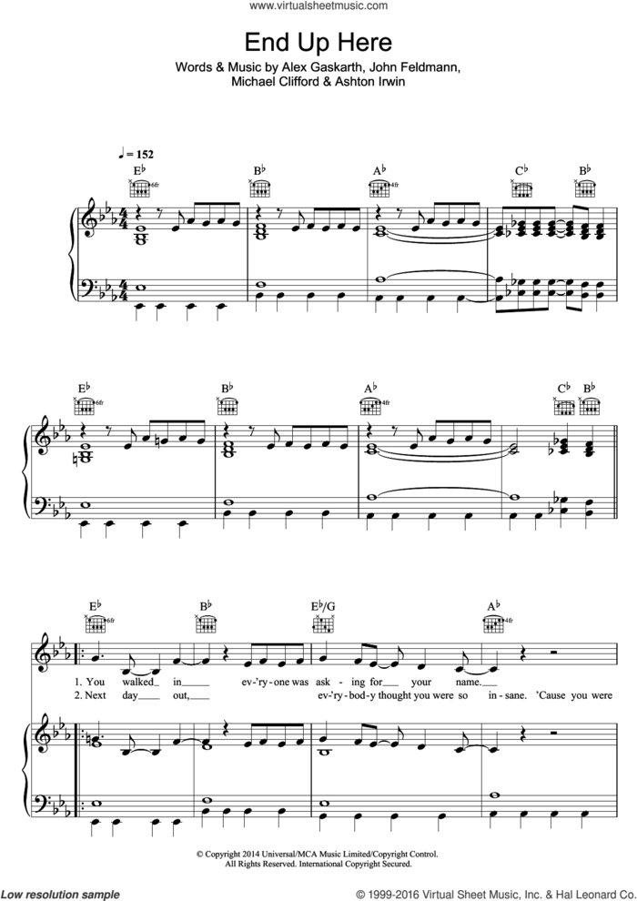 End Up Here sheet music for voice, piano or guitar by 5 Seconds of Summer, Alex Gaskarth, Ashton Irwin, John Feldmann and Michael Clifford, intermediate skill level