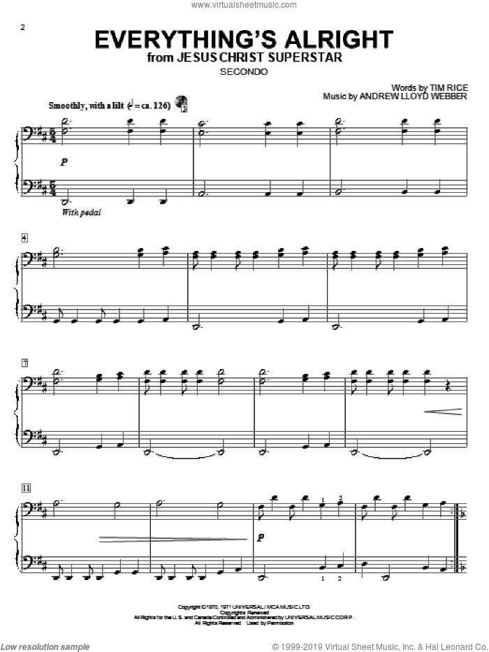 Everything's Alright sheet music for piano four hands by Andrew Lloyd Webber, Jesus Christ Superstar (Musical), Yvonne Elliman and Tim Rice, intermediate skill level