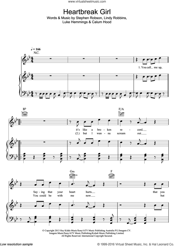 Heartbreak Girl sheet music for voice, piano or guitar by 5 Seconds of Summer, Calum Hood, Lindy Robbins, Luke Hemmings and Steve Robson, intermediate skill level
