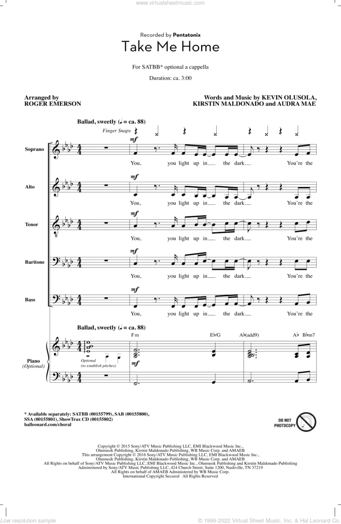 Take Me Home (arr. Roger Emerson) sheet music for choir (SATBB) by Audra Mae, Roger Emerson, Pentatonix, Kevin Olusola and Kirstin Maldonado, intermediate skill level