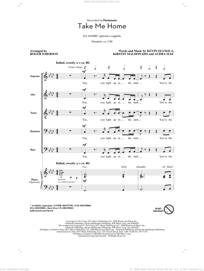 Take Me Home (arr. Roger Emerson) sheet music for choir (SATBB) by Roger Emerson, Pentatonix, Audra Mae, Kevin Olusola and Kirstin Maldonado, intermediate skill level