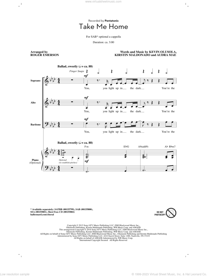 Take Me Home (arr. Roger Emerson) sheet music for choir (SAB: soprano, alto, bass) by Roger Emerson, Pentatonix, Audra Mae, Kevin Olusola and Kirstin Maldonado, intermediate skill level