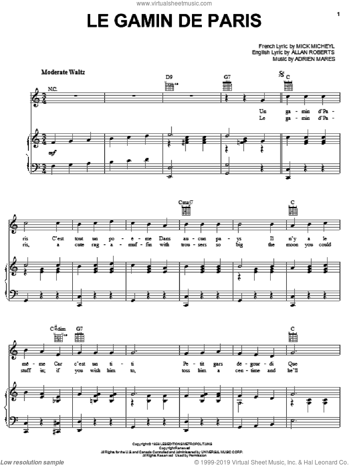 Le Gamin De Paris sheet music for voice, piano or guitar by Mick Micheyl, Adrien Mares and Allan Roberts, intermediate skill level
