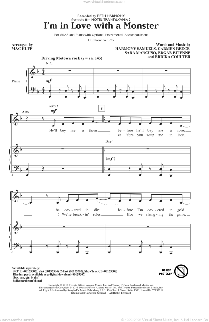 I'm In Love With A Monster sheet music for choir (SSA: soprano, alto) by Carmen Reece, Mac Huff, Fifth Harmony, Edgar Etienne, Ericka Coulter, Harmony Samuels and Sara Mancuso, intermediate skill level
