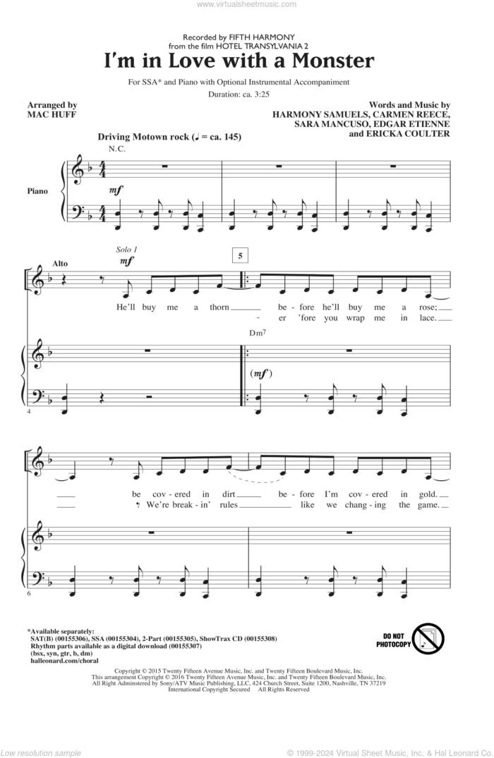 I'm In Love With A Monster sheet music for choir (SSA: soprano, alto) by Carmen Reece, Mac Huff, Fifth Harmony, Edgar Etienne, Ericka Coulter, Harmony Samuels and Sara Mancuso, intermediate skill level