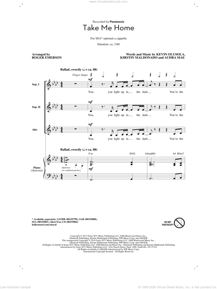 Take Me Home (arr. Roger Emerson) sheet music for choir (SSA: soprano, alto) by Audra Mae, Roger Emerson, Pentatonix, Kevin Olusola and Kirstin Maldonado, intermediate skill level