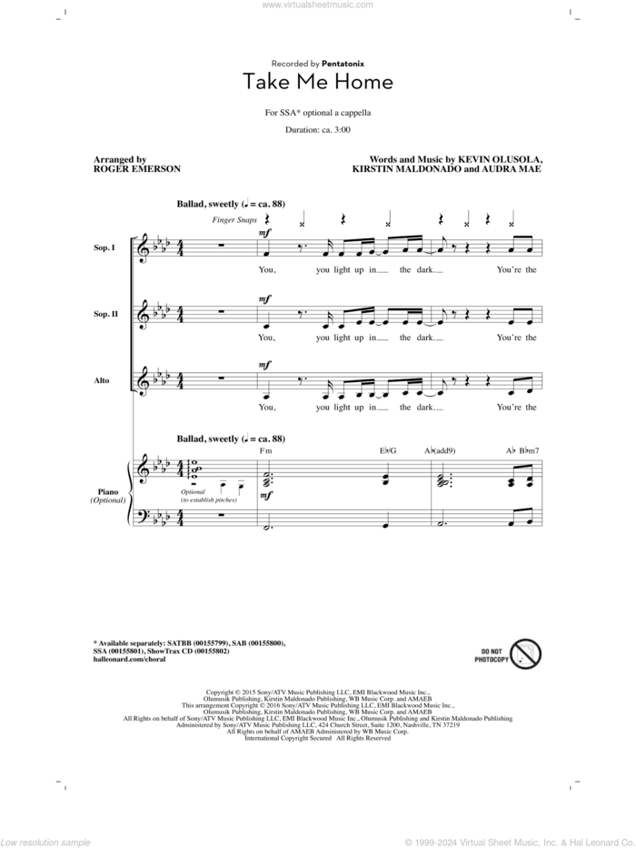 Take Me Home (arr. Roger Emerson) sheet music for choir (SSA: soprano, alto) by Roger Emerson, Pentatonix, Audra Mae, Kevin Olusola and Kirstin Maldonado, intermediate skill level