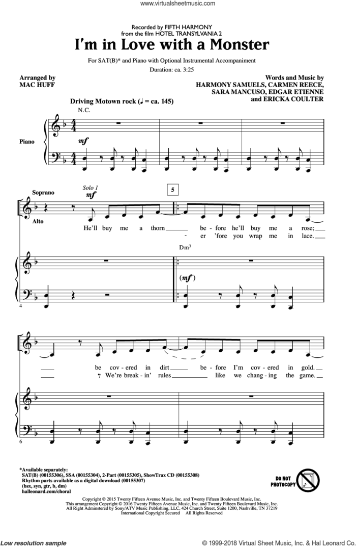 I'm In Love With A Monster sheet music for choir (SATB: soprano, alto, tenor, bass) by Mac Huff, Fifth Harmony, Carmen Reece, Edgar Etienne, Ericka Coulter, Harmony Samuels and Sara Mancuso, intermediate skill level