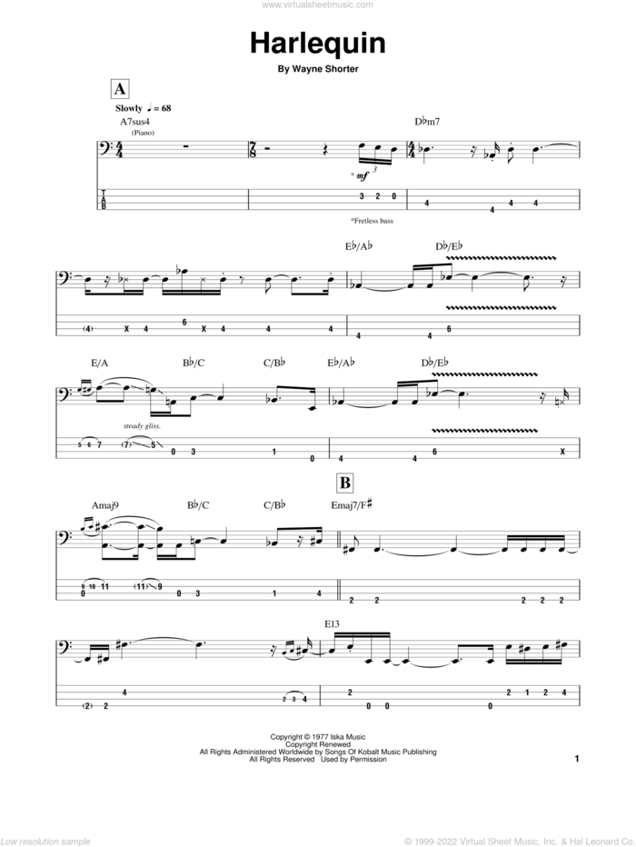 Harlequin sheet music for bass (tablature) (bass guitar) by Wayne Shorter, Jaco Pastorius and Weather Report, intermediate skill level
