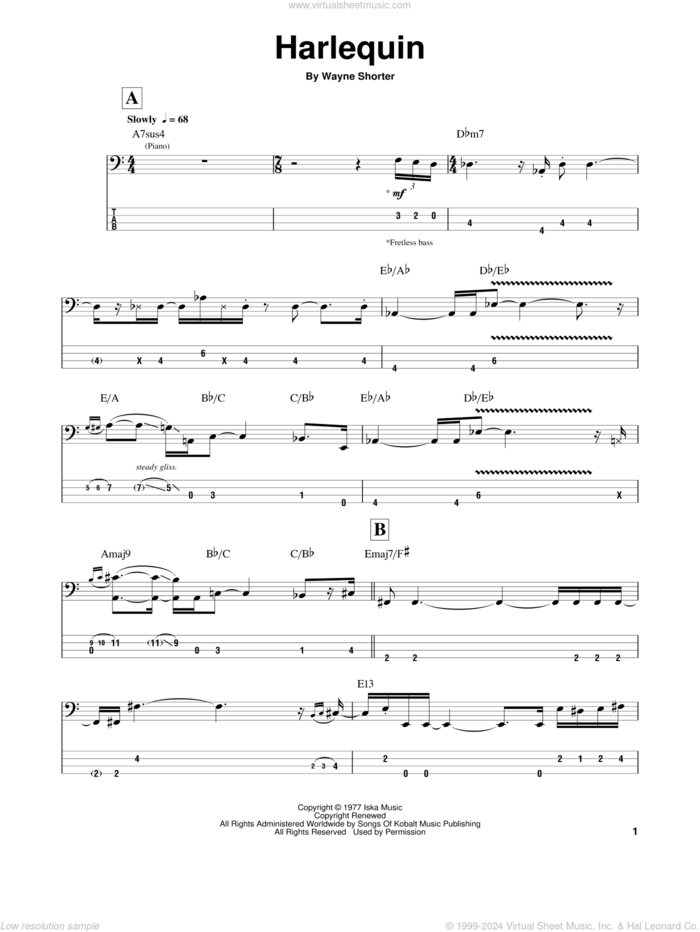 Harlequin sheet music for bass (tablature) (bass guitar) by Wayne Shorter, Jaco Pastorius and Weather Report, intermediate skill level