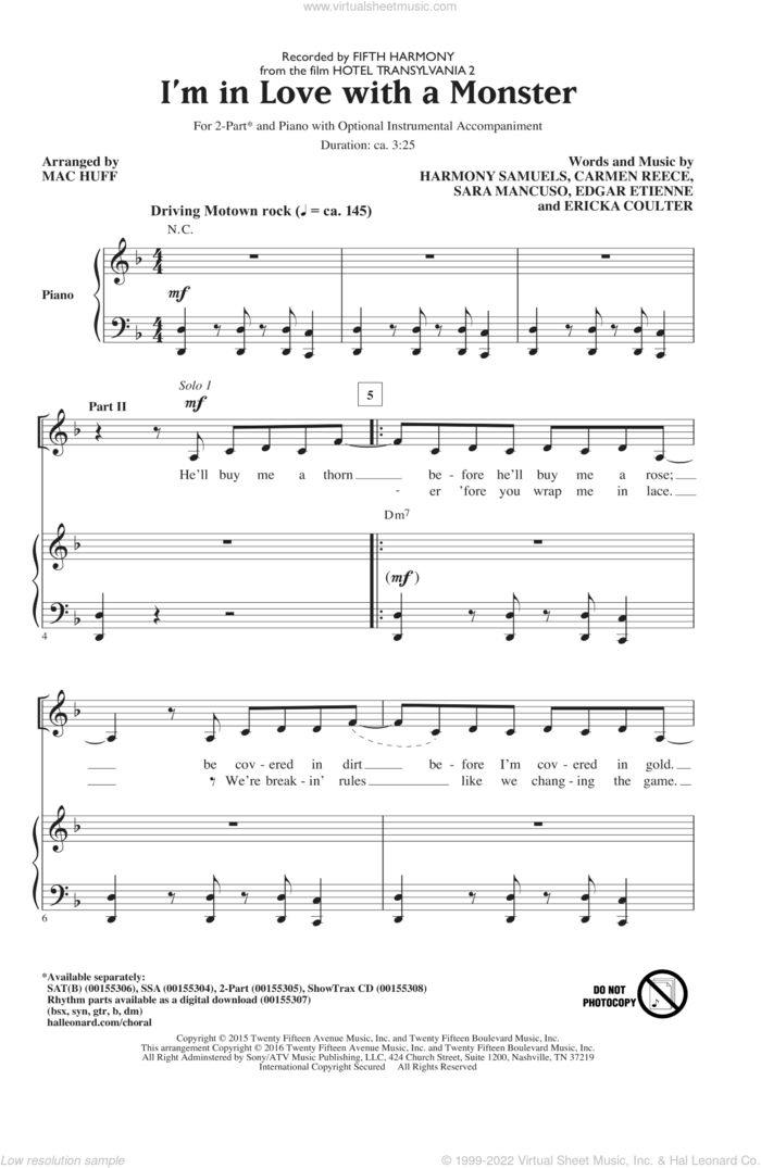 I'm In Love With A Monster sheet music for choir (2-Part) by Carmen Reece, Mac Huff, Fifth Harmony, Edgar Etienne, Ericka Coulter, Harmony Samuels and Sara Mancuso, intermediate duet