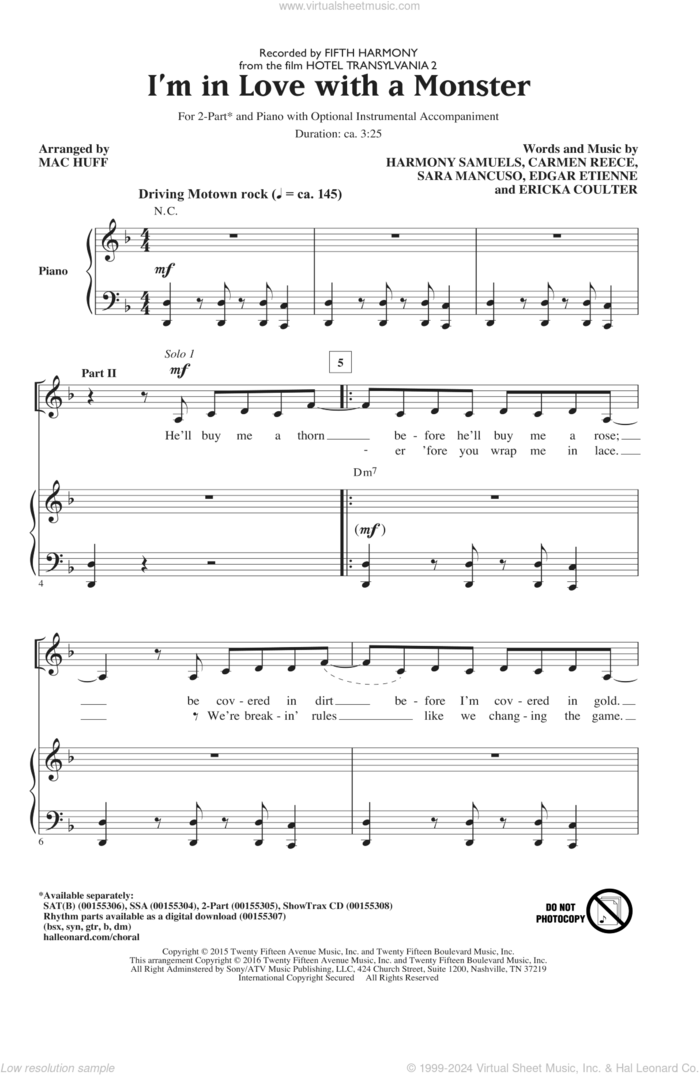 I'm In Love With A Monster sheet music for choir (2-Part) by Carmen Reece, Mac Huff, Fifth Harmony, Edgar Etienne, Ericka Coulter, Harmony Samuels and Sara Mancuso, intermediate duet