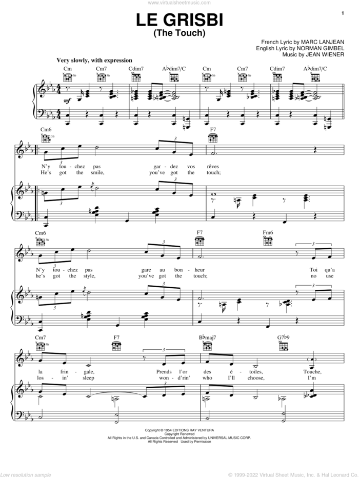 Le Grisbi (The Touch) sheet music for voice, piano or guitar by Norman Gimbel, Jean Wiener and Marc Lanjean, intermediate skill level