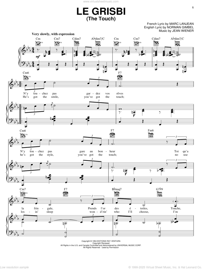 Le Grisbi (The Touch) sheet music for voice, piano or guitar by Norman Gimbel, Jean Wiener and Marc Lanjean, intermediate skill level