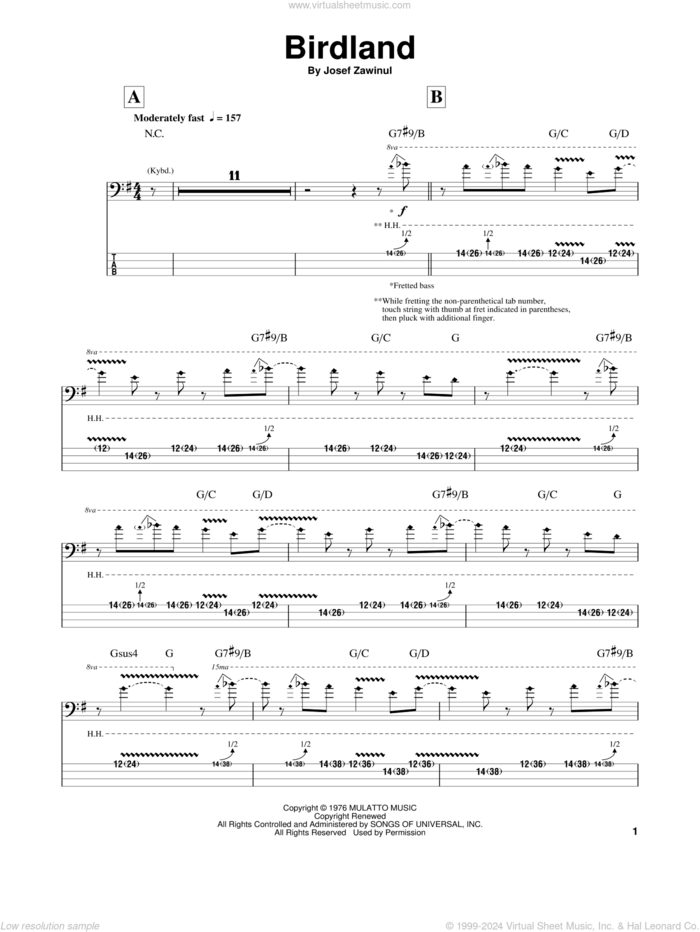 Birdland sheet music for bass (tablature) (bass guitar) by Manhattan Transfer, Jaco Pastorius, Weather Report, Jon Hendricks and Josef Zawinul, intermediate skill level