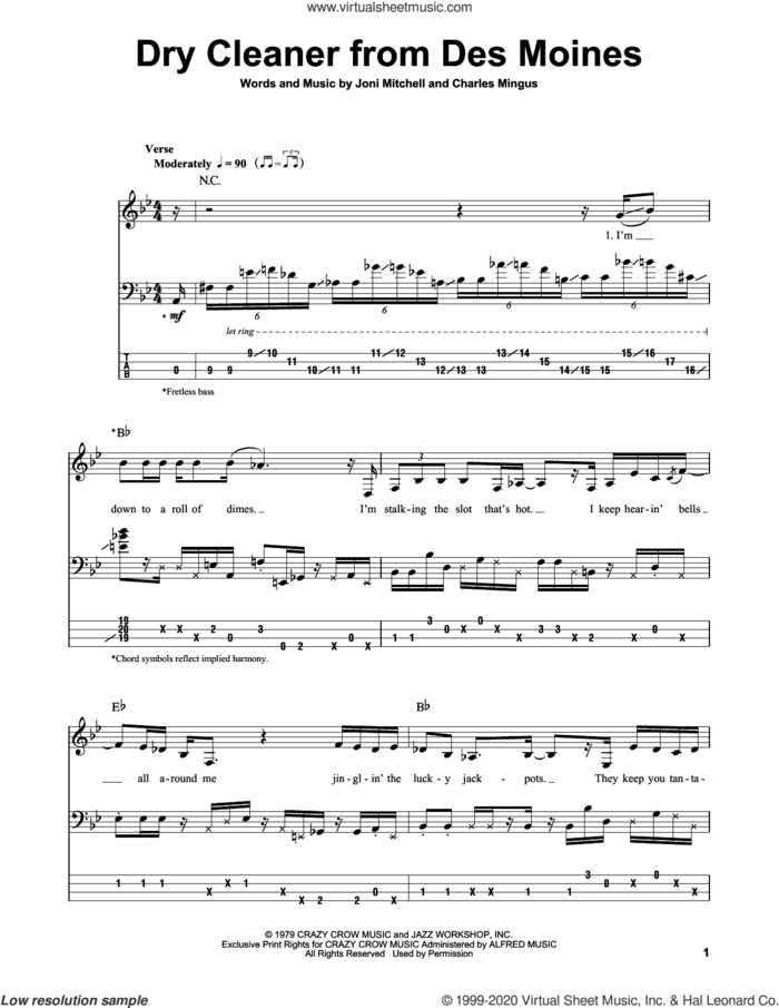 The Dry Cleaner From Des Moines sheet music for bass (tablature) (bass guitar) by Jaco Pastorius, Charles Mingus and Joni Mitchell, intermediate skill level