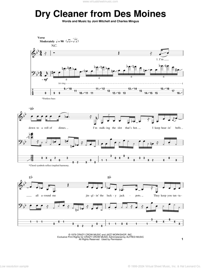 The Dry Cleaner From Des Moines sheet music for bass (tablature) (bass guitar) by Jaco Pastorius, Charles Mingus and Joni Mitchell, intermediate skill level