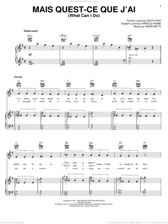 Mais Quest-Ce Que J'ai (What Can I Do) sheet music for voice, piano or guitar by Edith Piaf, Harold Rome and Henri Betti, intermediate skill level