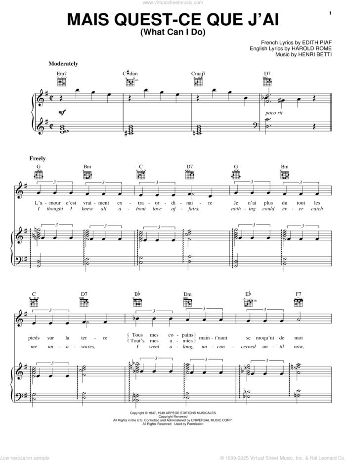 Mais Quest-Ce Que J'ai (What Can I Do) sheet music for voice, piano or guitar by Edith Piaf, Harold Rome and Henri Betti, intermediate skill level