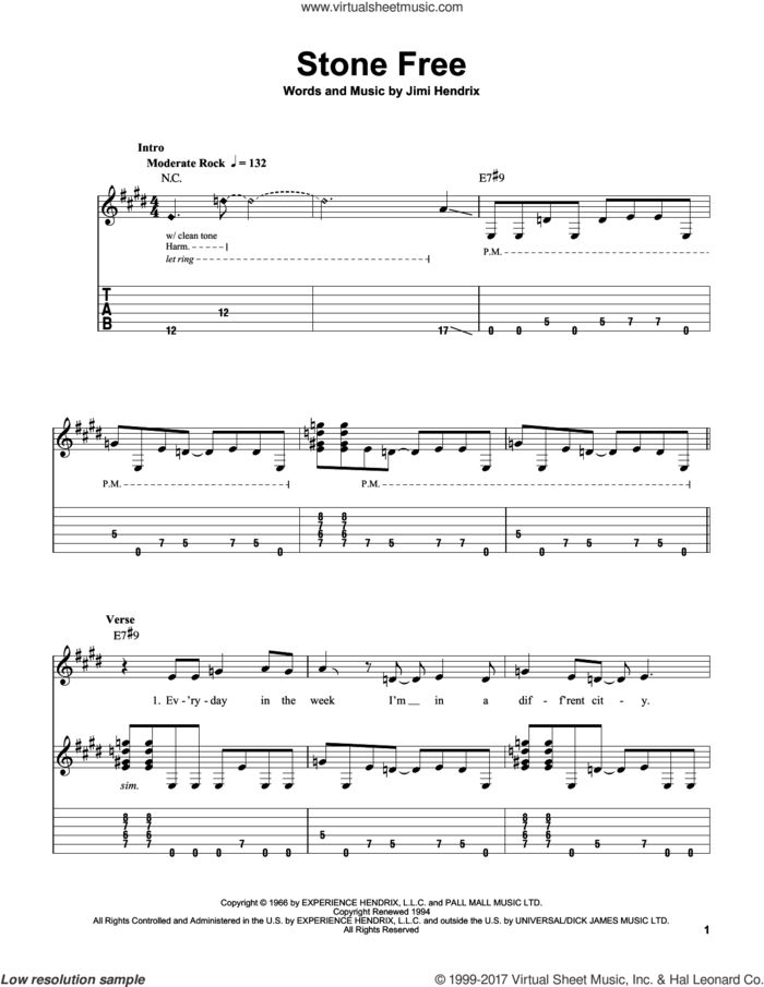 Stone Free sheet music for guitar solo (easy tablature) by Jimi Hendrix, easy guitar (easy tablature)