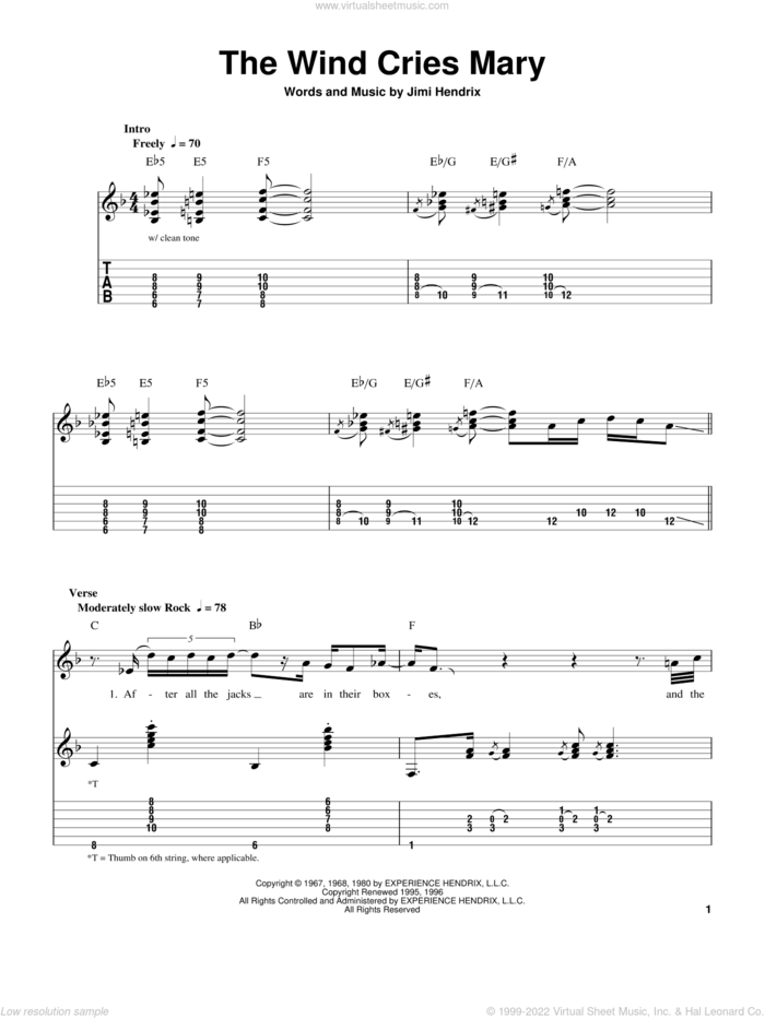 The Wind Cries Mary sheet music for guitar solo (easy tablature) by Jimi Hendrix, easy guitar (easy tablature)