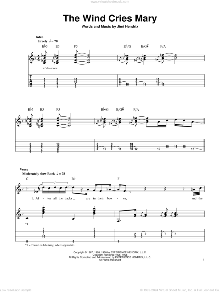 The Wind Cries Mary sheet music for guitar solo (easy tablature) by Jimi Hendrix, easy guitar (easy tablature)