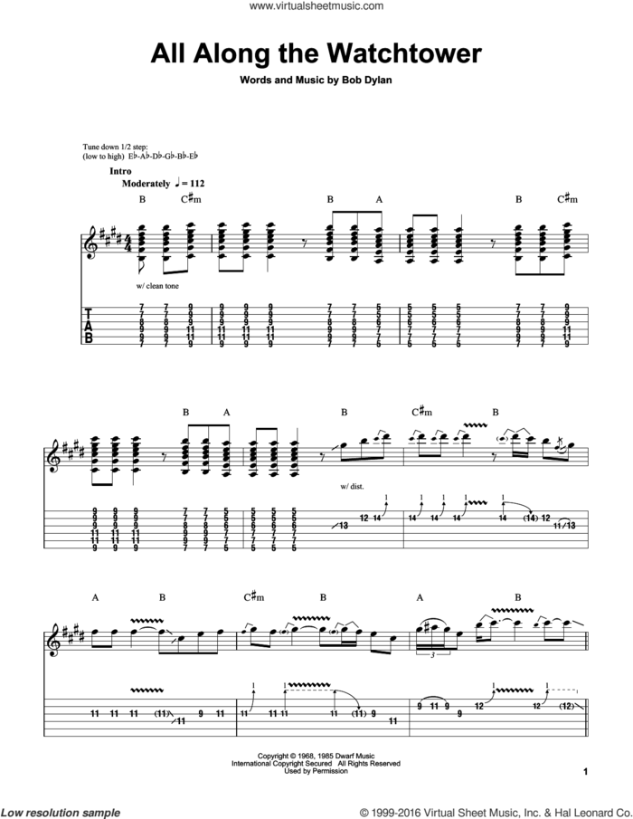 All Along The Watchtower sheet music for guitar solo (easy tablature) by Jimi Hendrix and Bob Dylan, easy guitar (easy tablature)