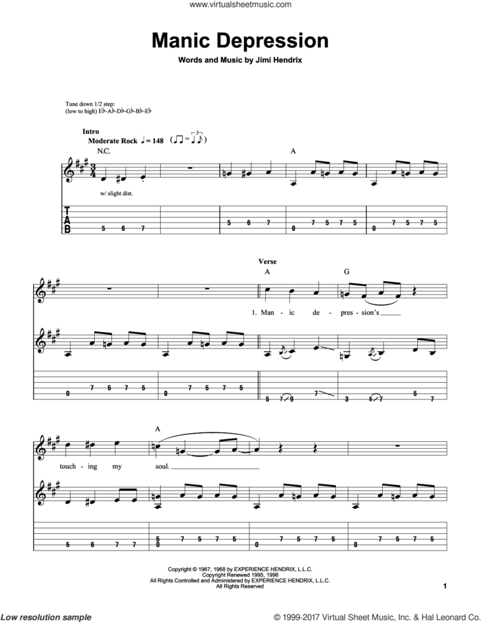 Manic Depression sheet music for guitar solo (easy tablature) by Jimi Hendrix, easy guitar (easy tablature)